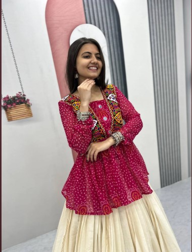 Pink Bandhej Khadi Cotton Lehenga Choli with 6 Meters (Grand Flare)